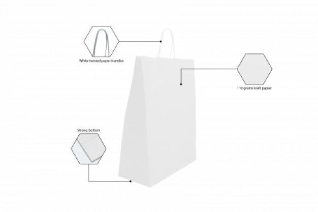Papieren draagtas wit met gedraaid handvat  230 mm x 320 mm